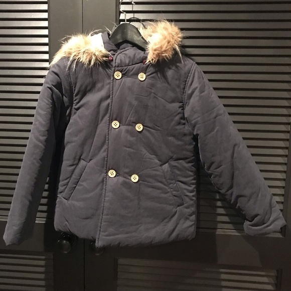 Honey Bee Double Breasted Blue Coat, Removable Hood, Nice, Thick & Soft, Size 15 - Picture 1 of 16